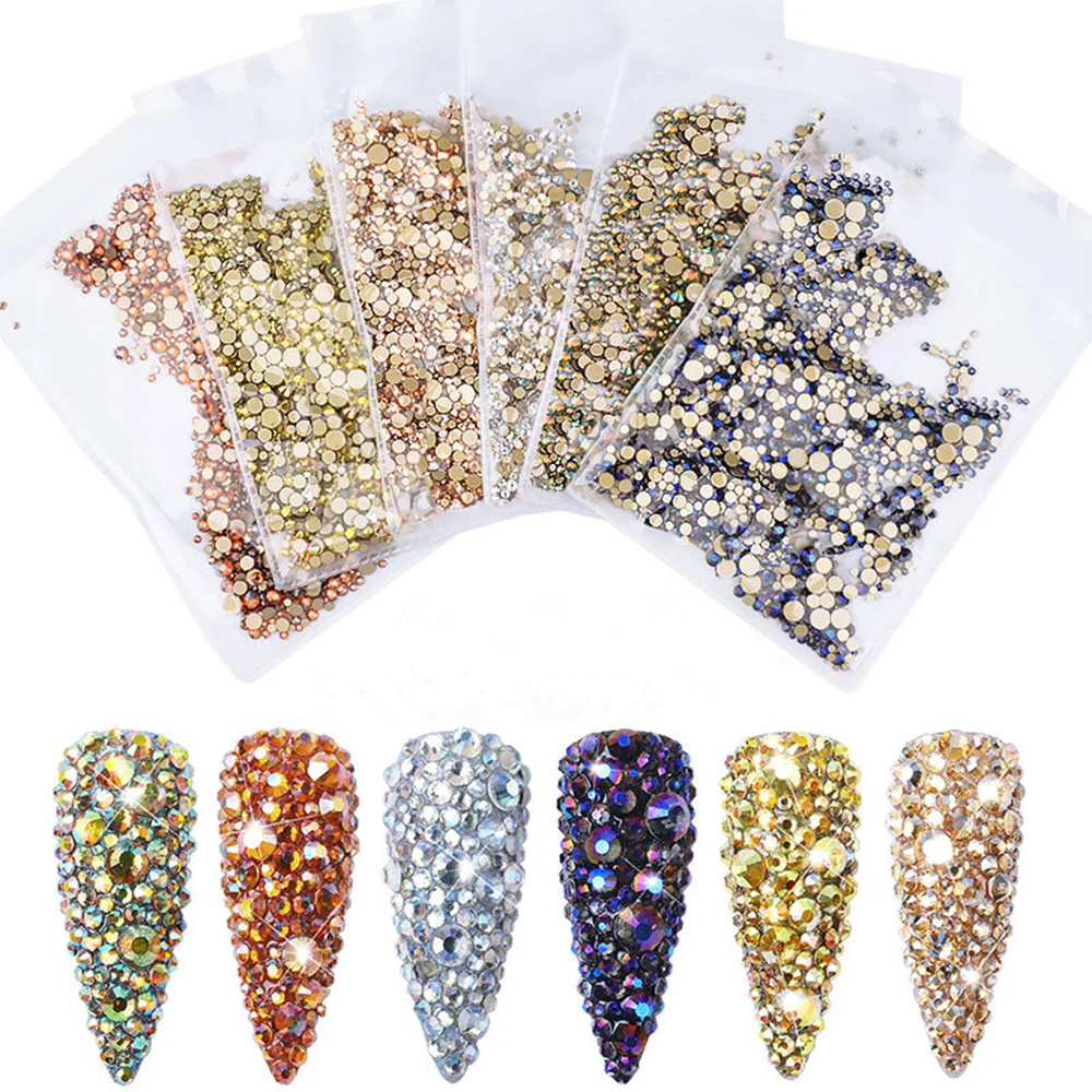 

New 1Bag 1440Pcs Clear Crystal AB Blue Gold 3D Non Hotfix Flatback Nail Art Rhinestones Decorations Shoes and Dancing Decoration