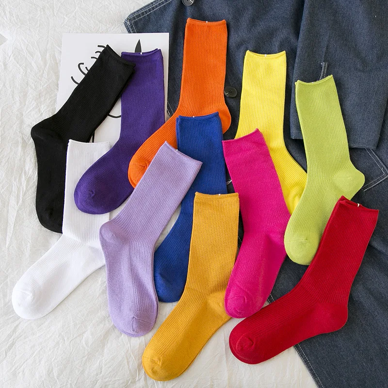 

Women Socks 2022 New Fashion Solid Color Crew Socks For Women Cotton Breathable Neon Color Long Terry Socks Korean Socks Girl