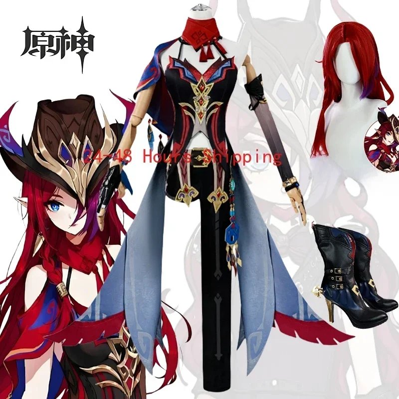 Game Genshin Impact Chasca Cosplay Costumes Red Braid Wig Women Cowboy Hat Suit Sexy Clothing Halloween Christmas Fancy Party