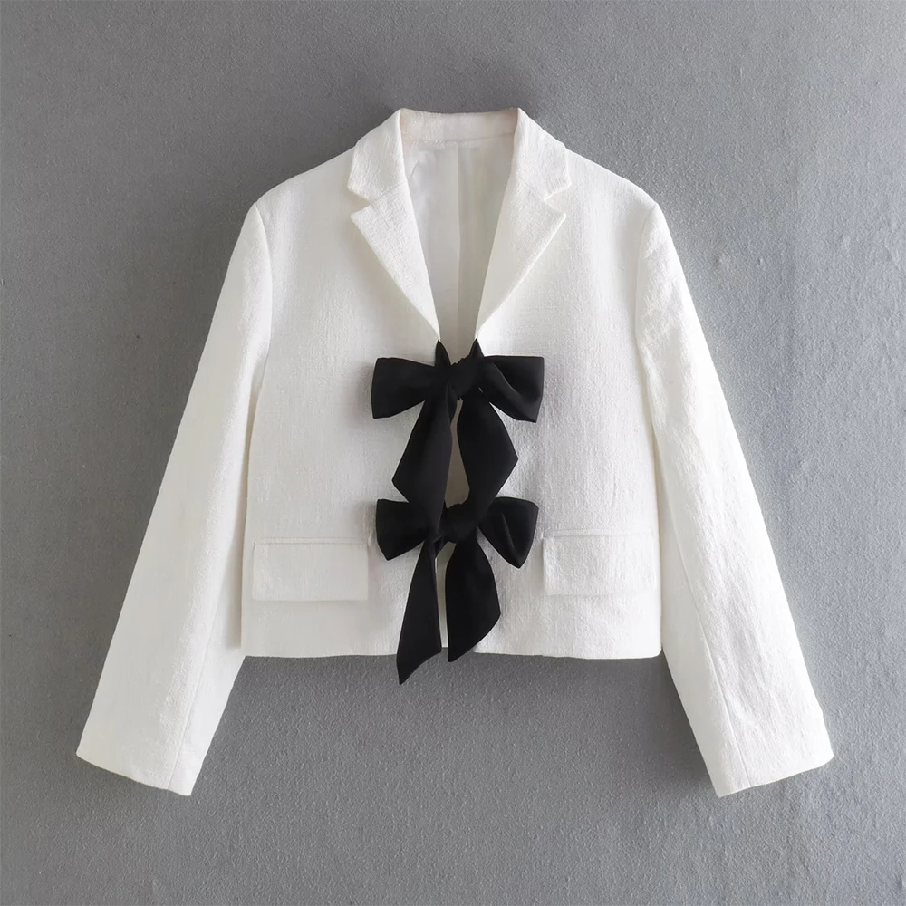 

Women's 2022 Fashion New Contrast Color Bow Decorate Color Short Suit Jacket Lapel Pocket Long Sleeve Female Chic Elegant Blazer