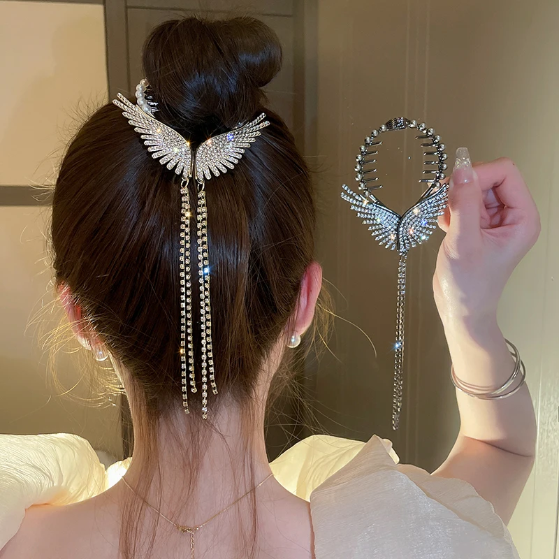 

DREJEW Butterfly Angel Wings Long Tassels Hair Pins and Clips Trendy Faux Pearl Horsetail Hairpin Fad Rhinestone Bridal Tiara
