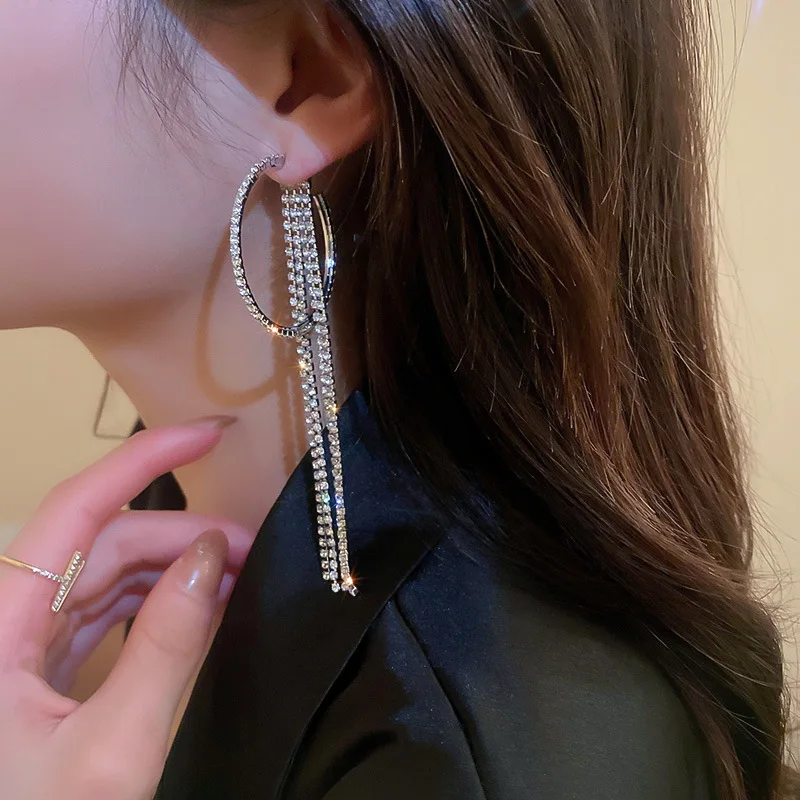 

Europe And America New Trendy Full Rhinestone Tassel Hoop Earrings For Women Party Ear Jewelry Statement Long Earrings
