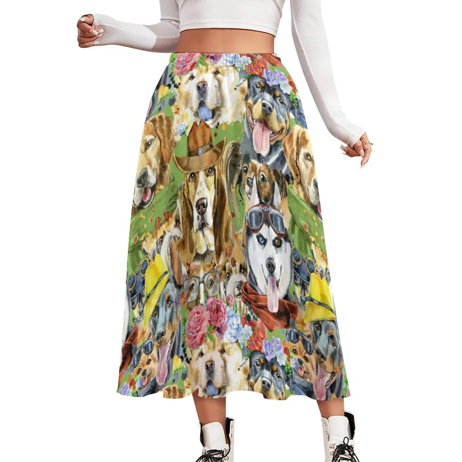 

Funny Dog Skirt Flower Dogs Collection Art Vintage Long Skirts Summer Aesthetic A-line Skirt Women Chiffon Oversized Clothing