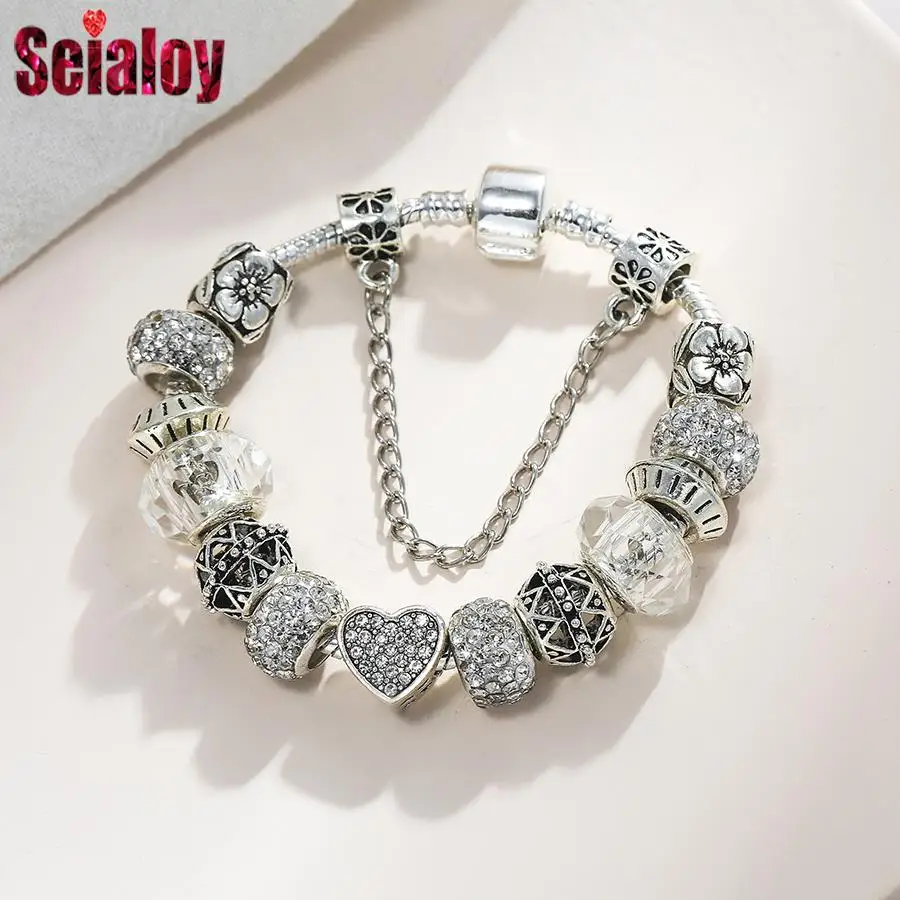 

Seialoy Heart Charm Bracelets For Women Men Original Streamer Crystal Beaded Women Bracelet Bangle Jewelry Gifts