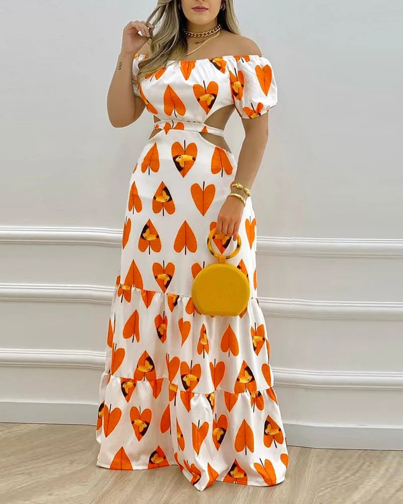 

2022 Summer New Women's Temperament One-shoulder Print Sexy Hollow Open Back Maxi Dress