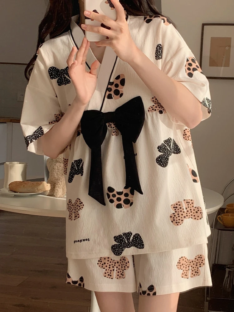 Пижамные комплекты с v-образным вырезом женские пижамные милым бантом нежная