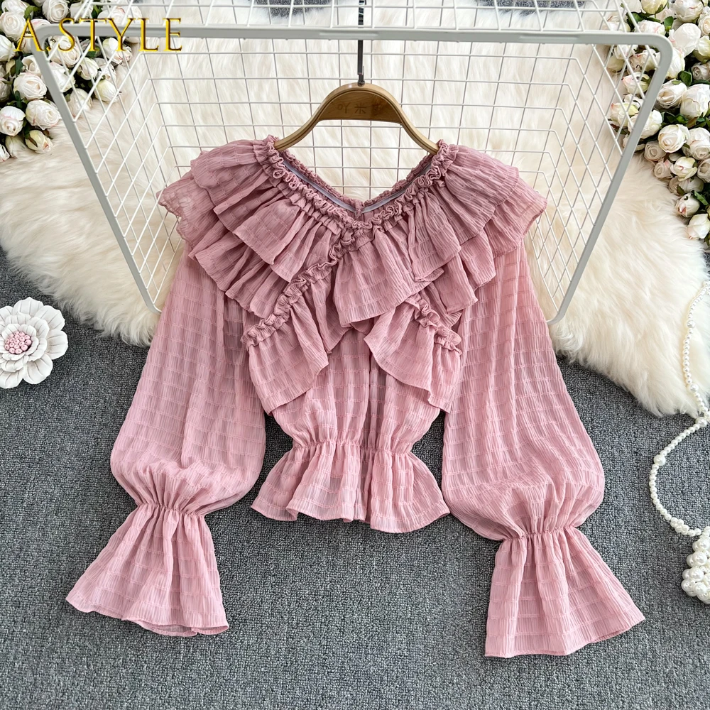 

A GIRLS Onalippa 2022 Spring Sweet Ruffle V Neck Chiffon Shirt Women Long Flare Sleeve Slim Waist Solid Color Tops Fashion