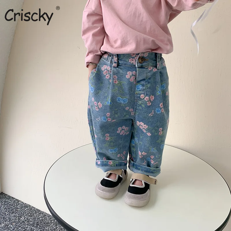 

Criscky Spring Kids Girl's Clothes Baby Loose Straight Leg Jeans Trousers for Girls Clothing Children Flower Denim Pants