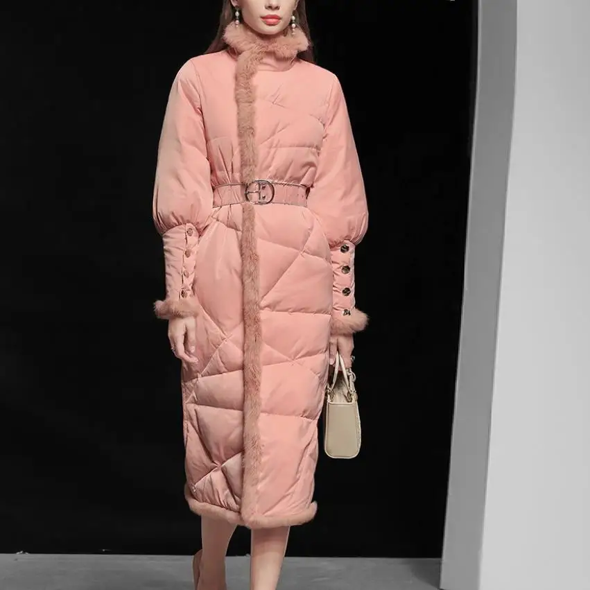 Winter Vrouwen Echt Konijnenbont Sticthing Lange Pluizige Down Jas Vrouwelijke Was Dun Dikke Warme Donsjack Parka Met riem F2509