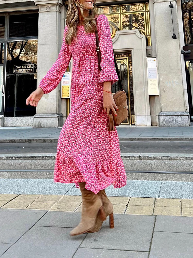 

Women Pink Sweet Print High Waist Pullover Dress Elegant Dignified Large Swing Robe Dress Spring Casual Commuter Dress Vestidos