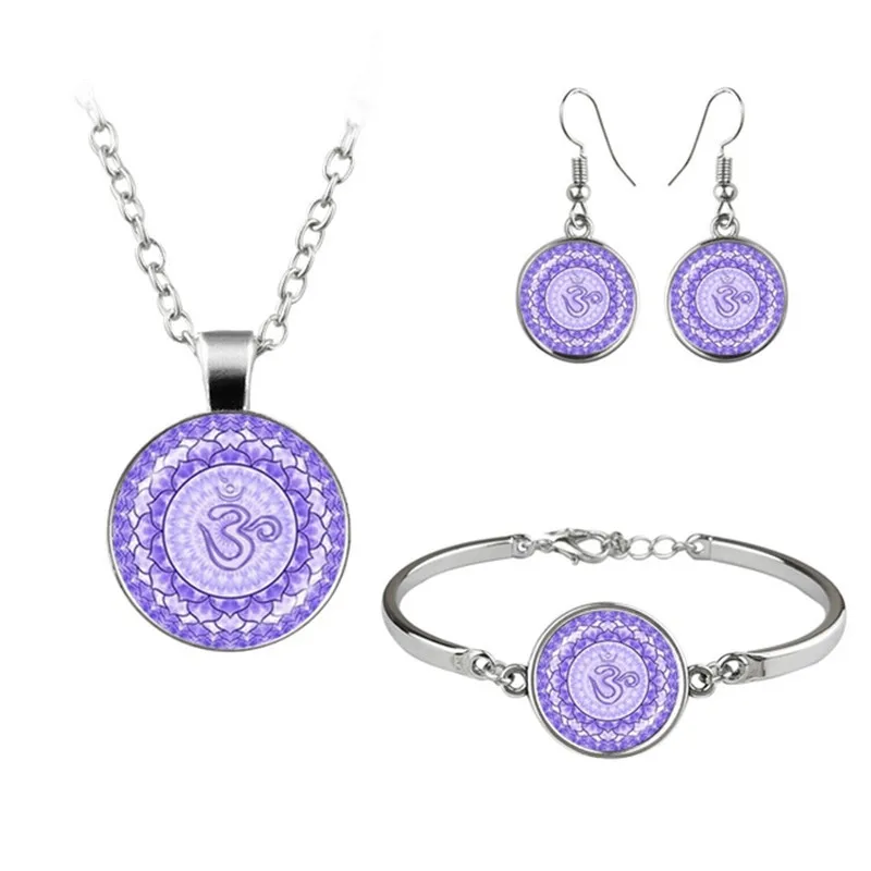 

LE Chakra Yoga Om Mandala Jewelry Set Cabochon Glass Pendant Necklace Earring Bracelet 4 Pcs Women's Christmas Gifts