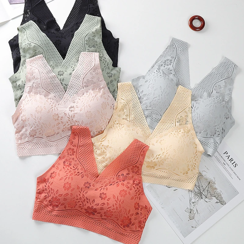 

Seamless Breathable Large Size 2XL Lace Push Up Bras for Women Sexy Wire Free Top Lingerie V-neck Bralette Low Back Underwear