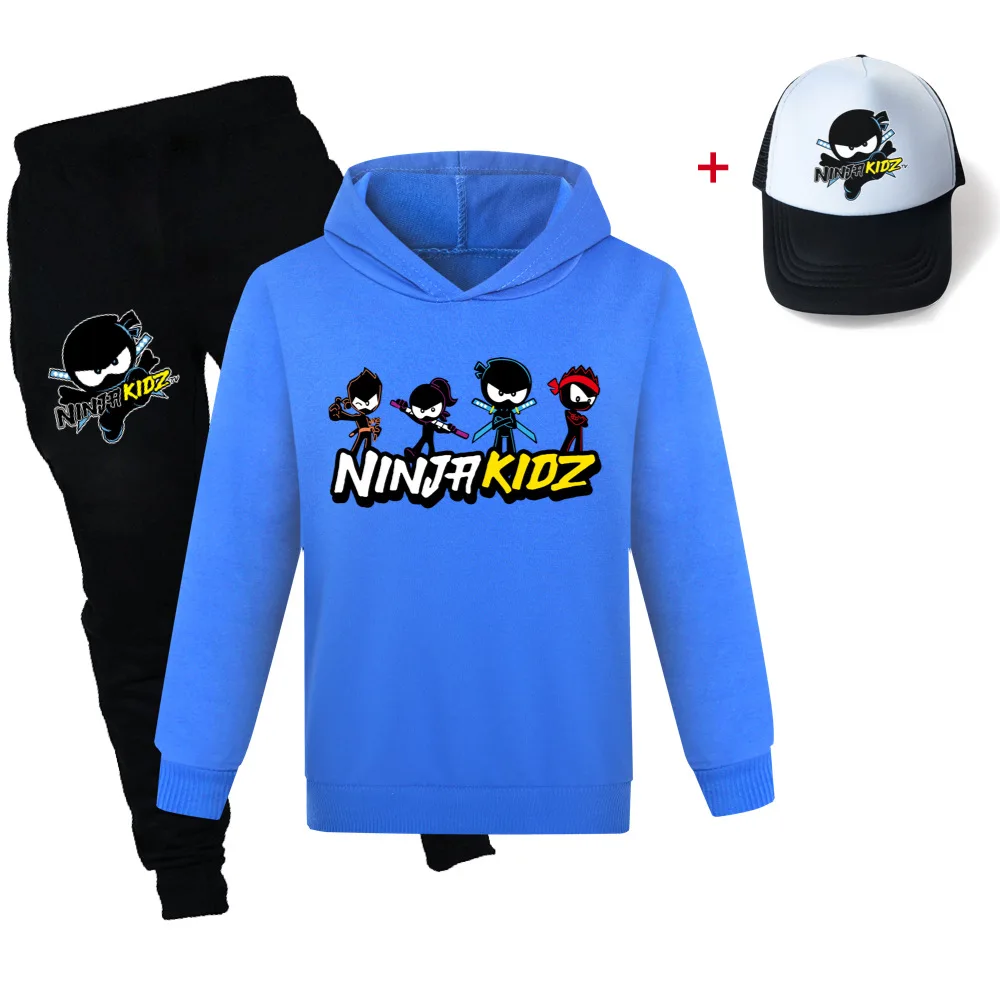 

Комплект одежды для детей 2-16 лет, толстовка с капюшоном и штаны с принтом ниндзя, Солнцезащитная шапка, свитшот для мальчиков и девочек, на осень