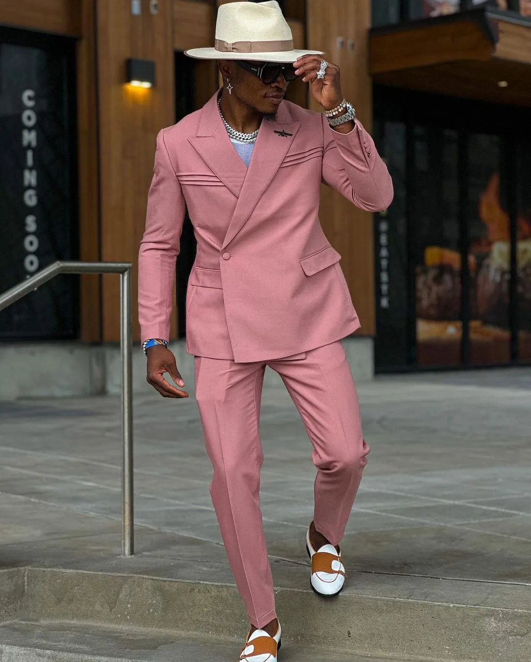 

Pink Mens Suits Tailored 2 Pieces Blazer Pants Peaked Lapel Wedding Formal Work Wear Plus Size Tuxedo Custom Made
