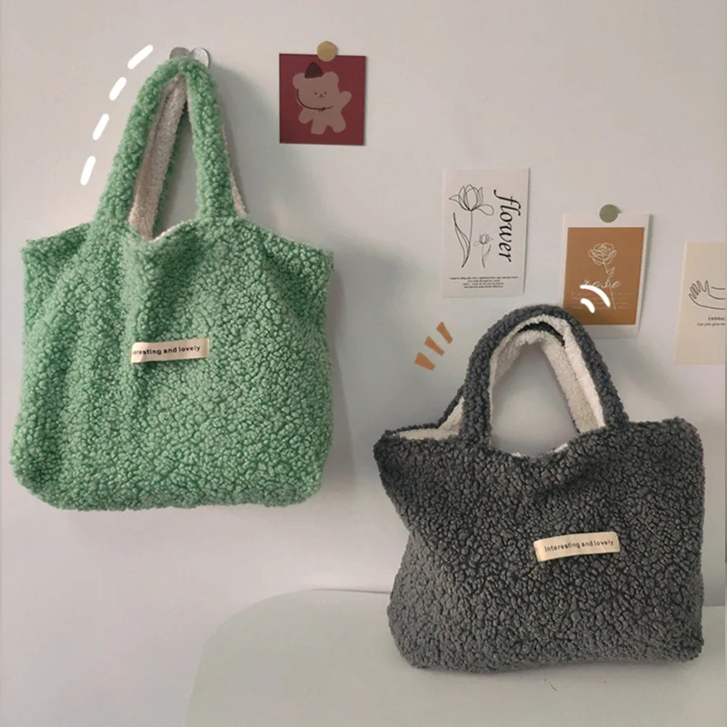 

Hylhexyr Female Winter Tote Bags Imitation Cashmere Hand Bag Fashion Solid Color Soft Plush Reversible Casual Handbag