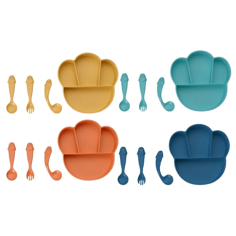 

4-Compartment Wheat Straw Tray Divided Dinner Plate Spoon Fork Set Utensil Dishes Tableware Kit for Newborn Toddlers Infants