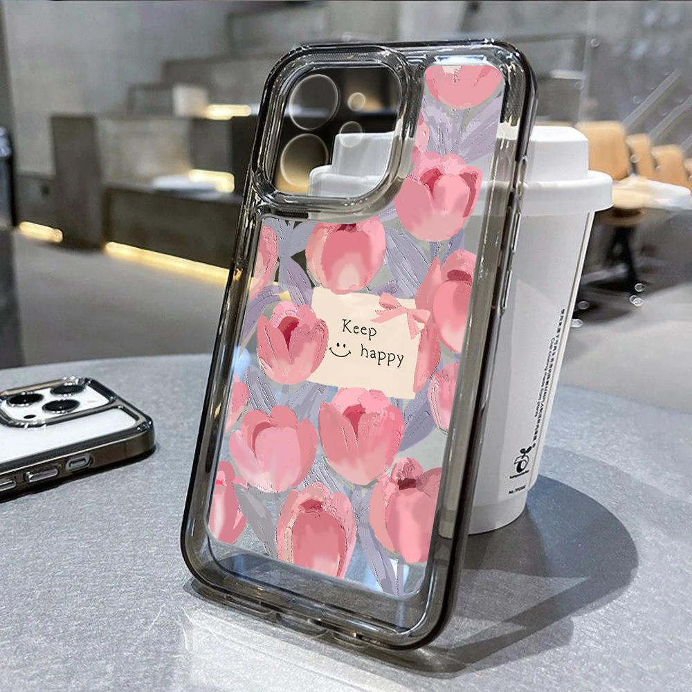 

Clear Black Phone Cases For iPhone 12 Case iPhone 11 13 12 14 Pro Max XR X XS Max 7 8 Plus SE 2022 2020 Soft Pink Flower Covers
