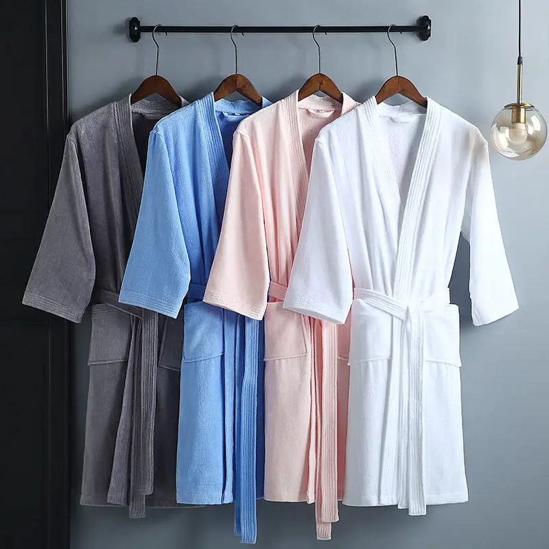 Women Towel Bathrobe 100%Cotton Long Thick Absorbent Terry Bath Robe Kimono Men LightWeight Waffle Solid Dressing Gown Sleepwear