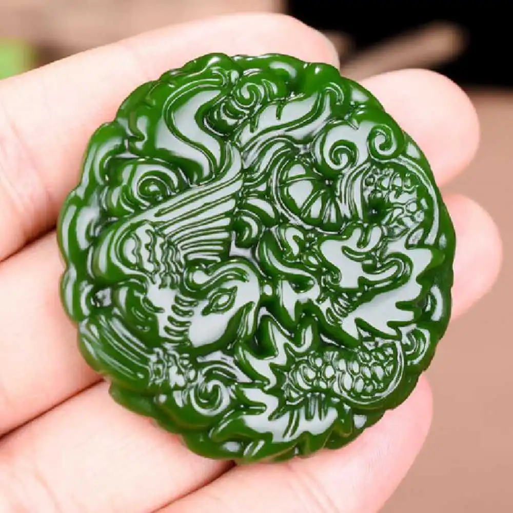 Натуральная Зеленая Нефритовая скульптура кулон с драконом и Фениксом + ожерелье