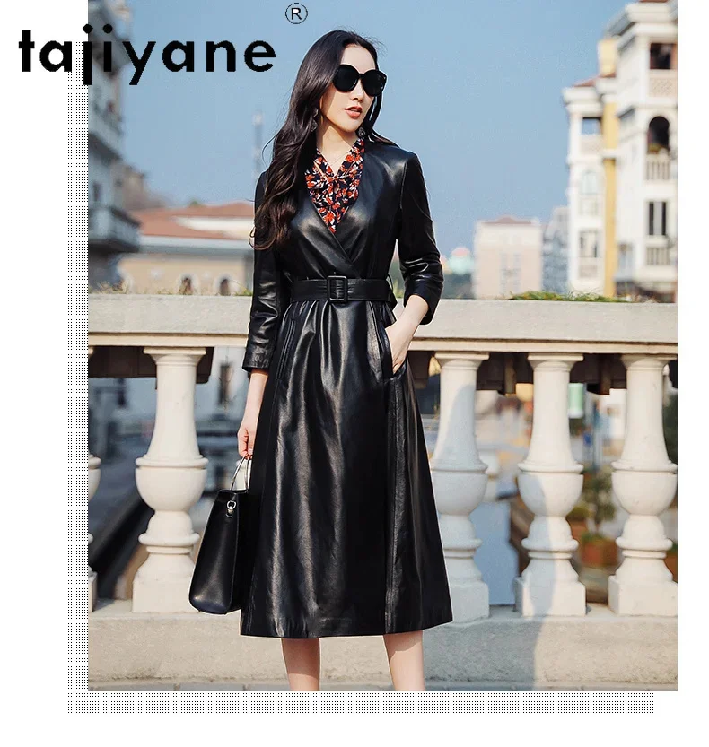 Женский Длинный тренчкот из натуральной кожи с V-образным вырезом