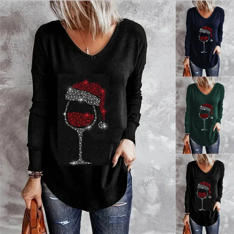

Spring and Autumn Women's V-neck Wine Cup Print Backing Long Sleeve T-shirt Women Female Tops Lady Shirts