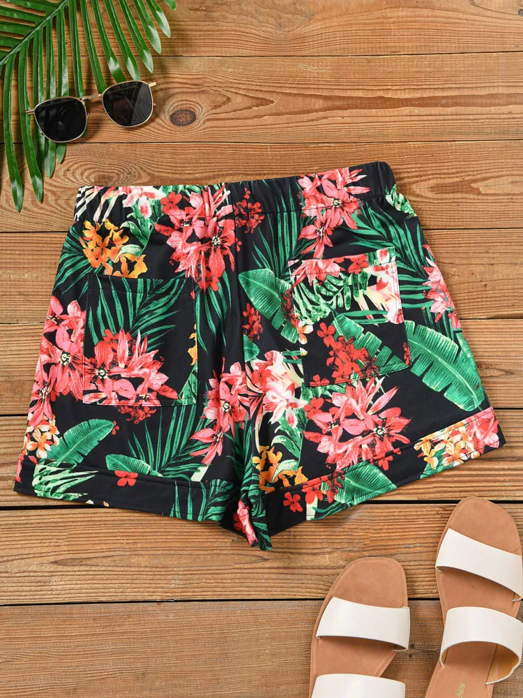 Floral Palm Leaf Drawstring Pocket Shorts Summer Women Shorts Casual Shorts Fitness Exercise Beach Shorts Breathable Men Shorts