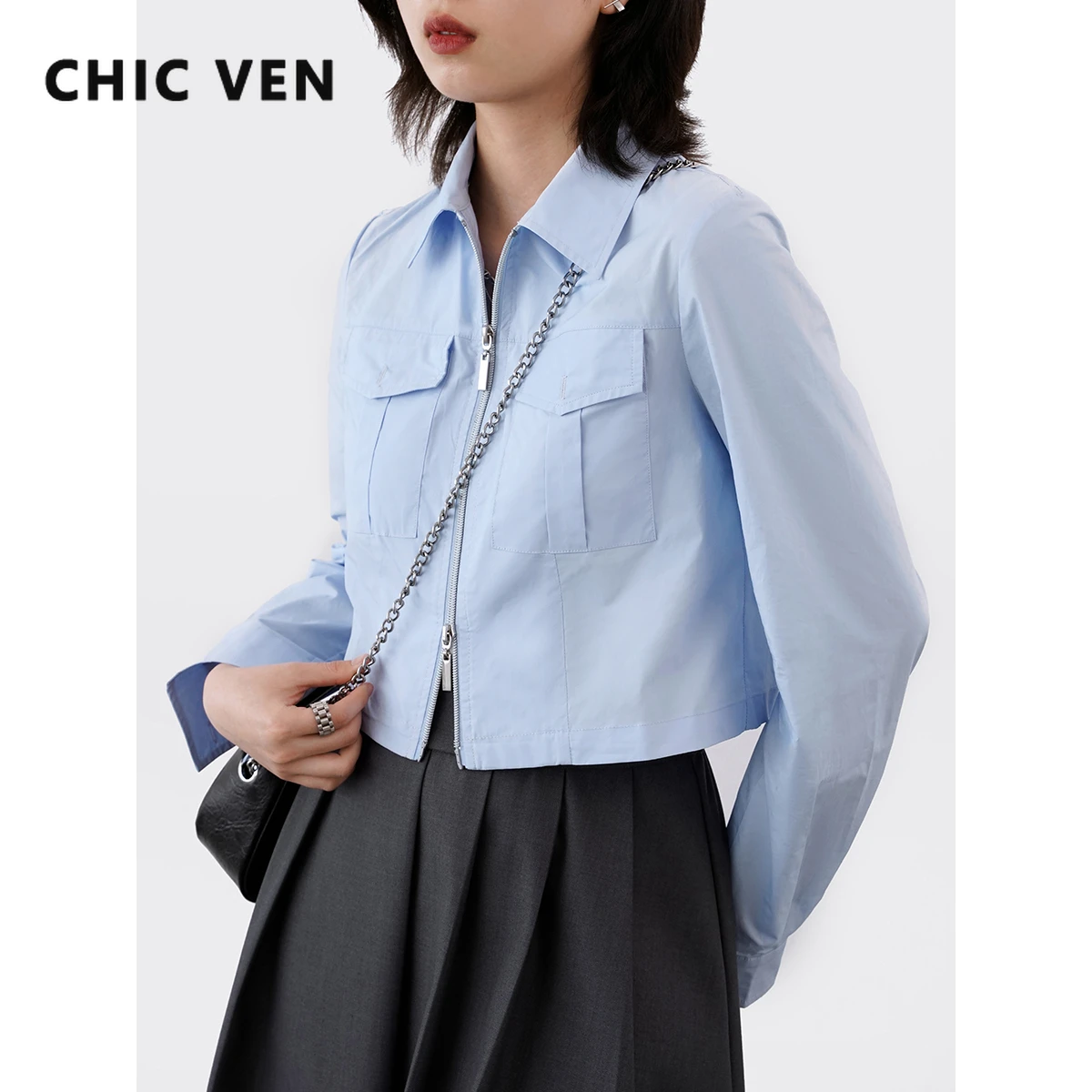 CHIC VEN Women's Shirts Solid Short Double Zip Lapel Coat Long Sleeved Shirt Office Lady Tops Woman Clothes Spring Summer 2022