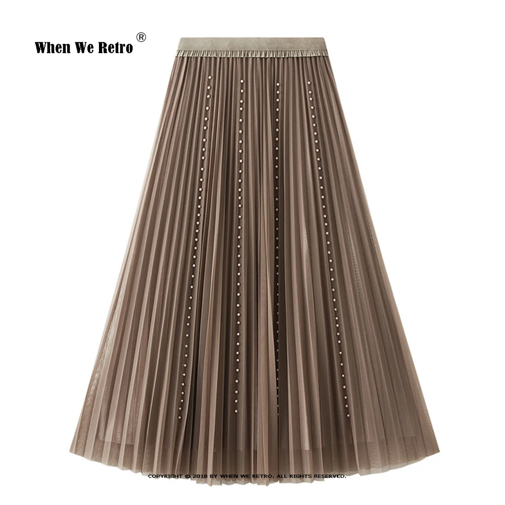 

Beadings Decoration Long Pleated Skirt VD2872 Black Coffee Apricot Women High Waist Skirts