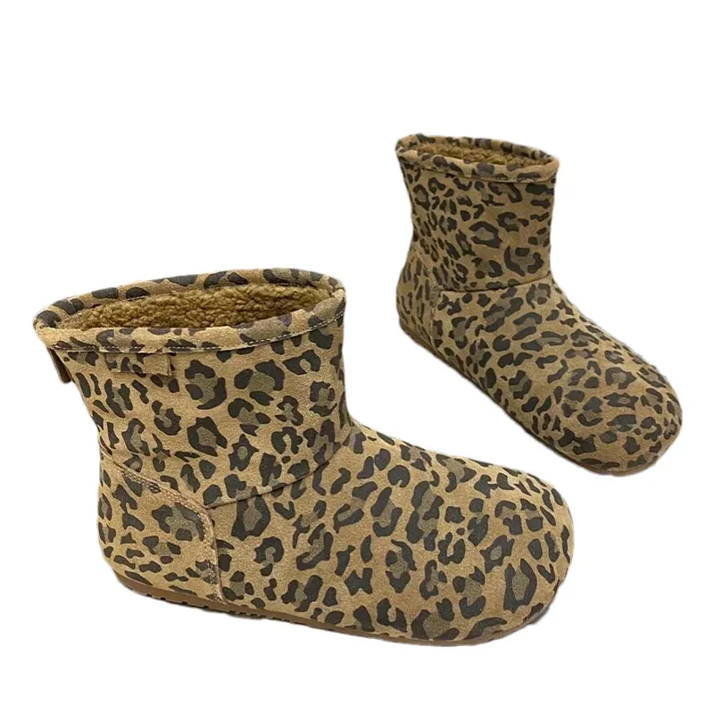 Зимние ботильоны замшевые туфли на плоской подошве с леопардовым принтом