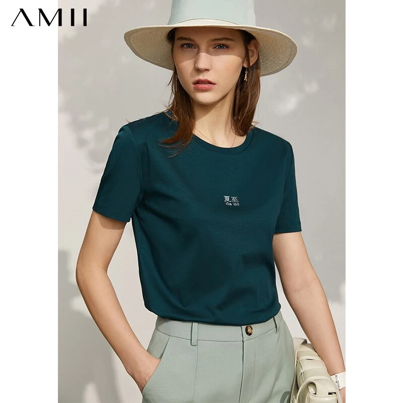 

Amii Minimalism Summer New Tshirt For Women Tops Fashion Cotton Letter Embroidery Oneck Loose Causal Women's Tshirt 12130133
