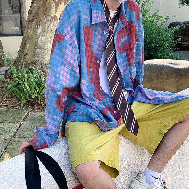 

Рубашка мужская с длинным рукавом, модная мешковатая Блузка в клетку с графическим принтом, однобортная, с лацканами, в Корейском стиле, Харадзюку