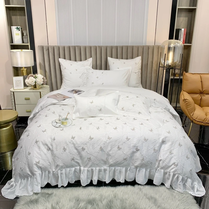 

1200TC Egyptian Cotton Butterfly Embroidery Girl Bedding Set Ruffles Quilt/Duvet Cover Bed Comforter Set Bed Linen Pillowcases