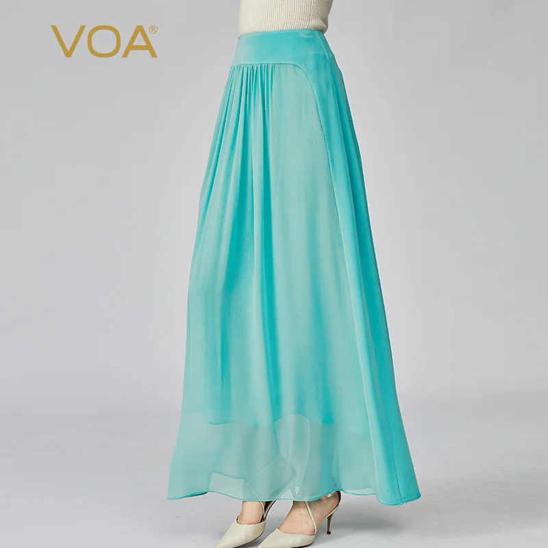 

VOA простые жоржет пляжные стеклянные шелковые юбки офисная Дамская двухслойная Бирюзовая юбка летняя Новинка 2022 шикарная CE135