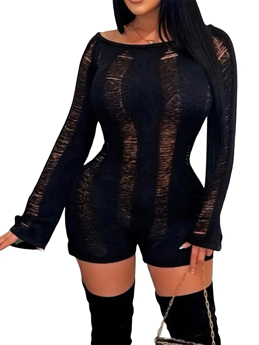 

Women s Backless Knit Crochet Playsuit - Sexy Long Sleeve Shorts Jumpsuit for Party Club Night Bodysuit Y2K Bodycon Rompers