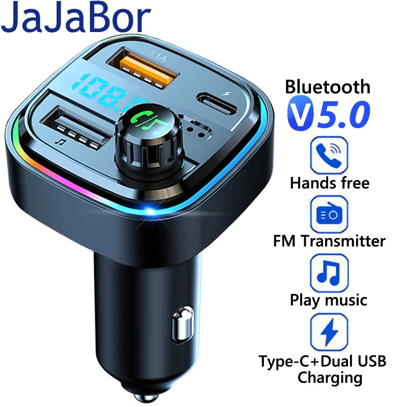

JaJaBor FM передатчик автомобильное быстрое зарядное устройство двойной USB Тип C Быстрая зарядка Bluetooth 5,0 автомобильный комплект аудио MP3 плеер FM модулятор