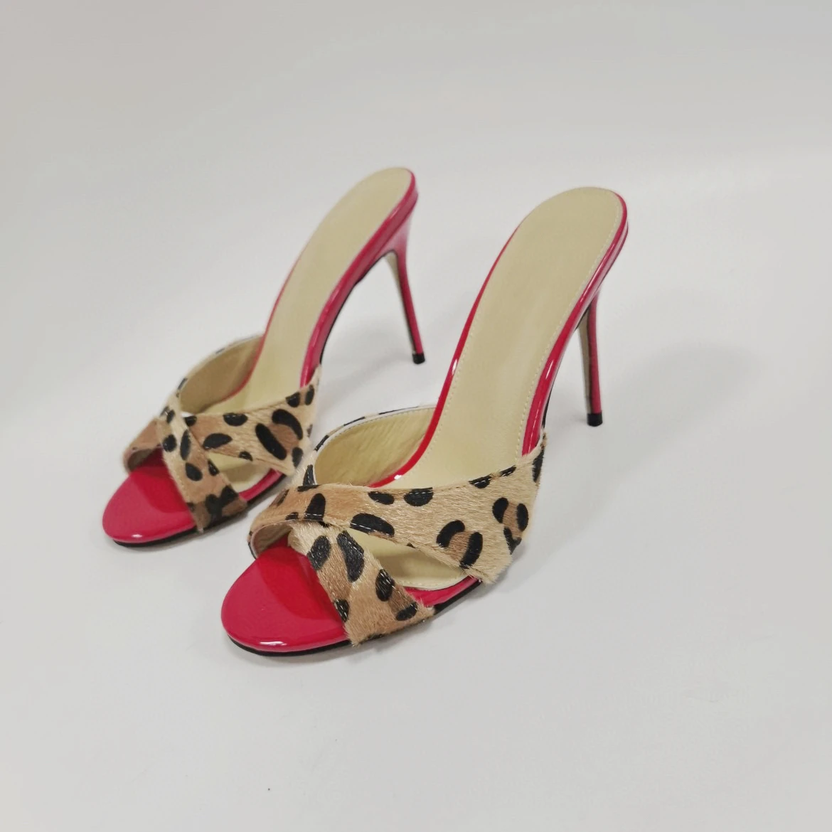 

Doris Fanny 2023 Sexy Leopard Red High Heel Mules Open Toe Middle Heeled Slipper Slides Sandals Women Heels Summer Shoes