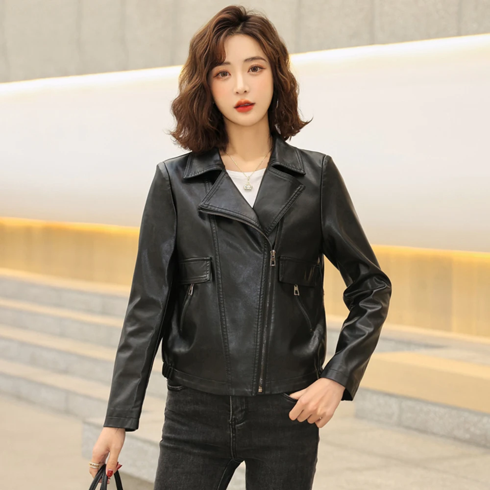 New Women Casual Leather Jacket Spring Autumn Fashion Suit Collar Sheepskin Short Coat Split Leather Loose Small Outerwear