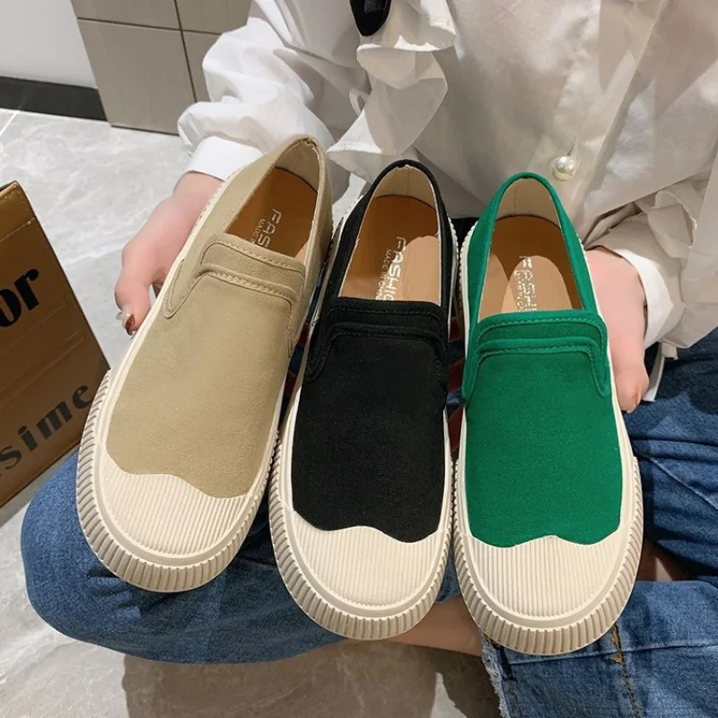 Thick Soled Canvas Loafer Shoes for Women's Design Sense Board Shoes Biscuit Shoes Color Matching Slip on Flats Casual Loafers