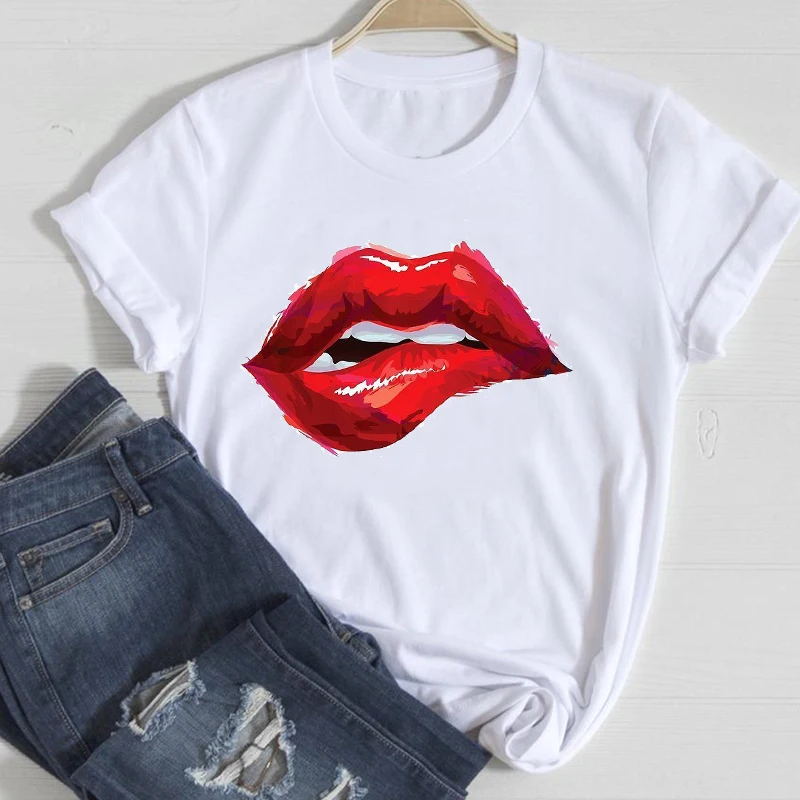 

T-shirts Women Lip Short Sleeve Watercolor 90s 2021 Spring Summer Clothes Stylish Tshirt Top Lady Print Ladies Tee T-Shirt
