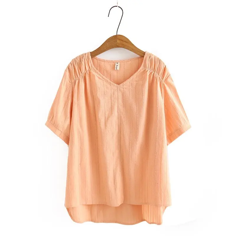 

Plus Size XL-4XL Full Cotton Short Sleeve Tops Women Vintage A-line Shirts Oversized Sumer Top
