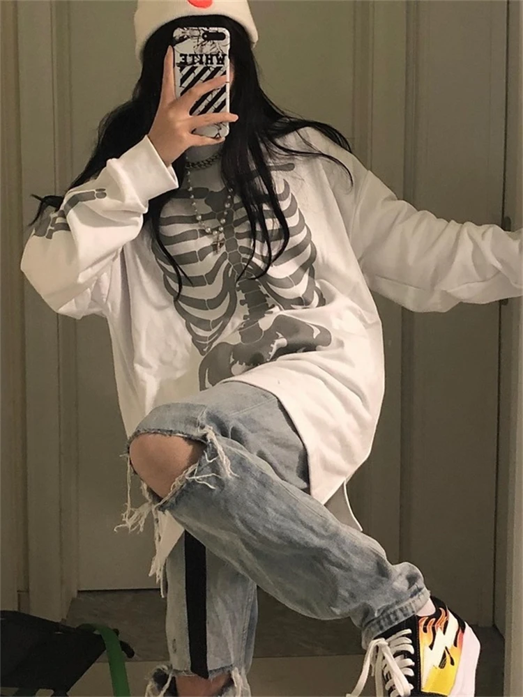 

Женские свитшоты Egirl Goth с принтом скелета в стиле Харадзюку, топы в стиле хип-хоп с длинным рукавом и графическим рисунком, Осенний Готически...
