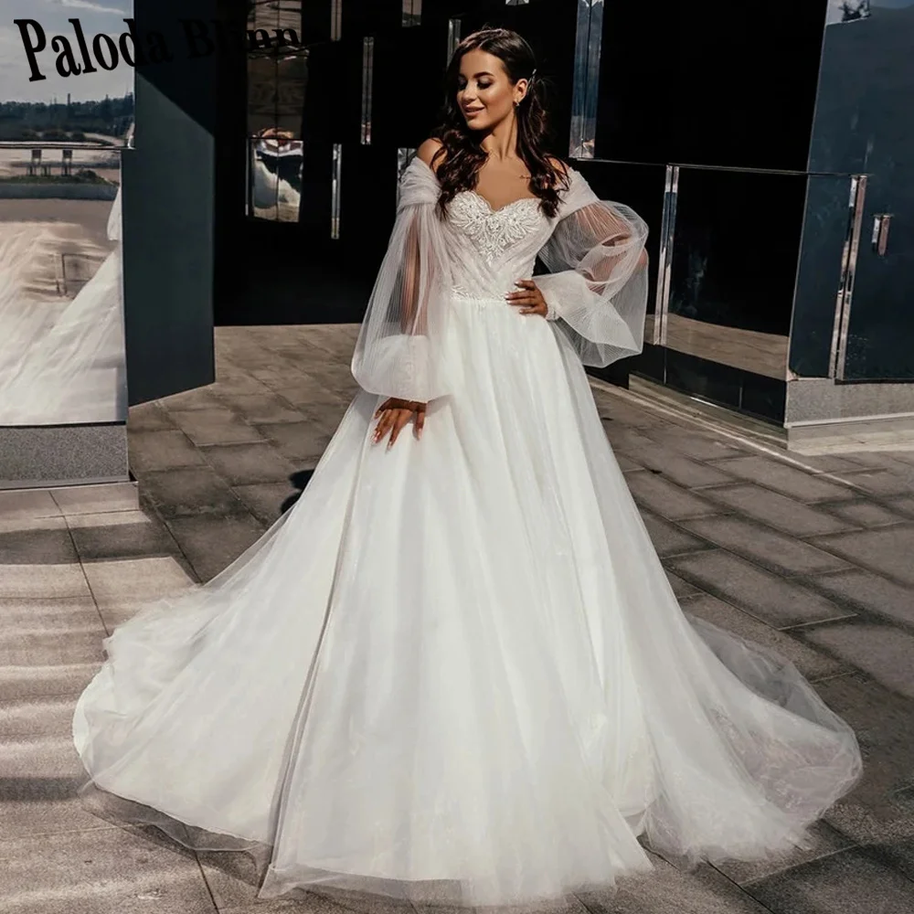 

Paloda Classic Shinny Tulle Backless Wedding Dresses 2023 Bride V-neck Appliques Lantern Sleeves A-line Plus Size Customer Made