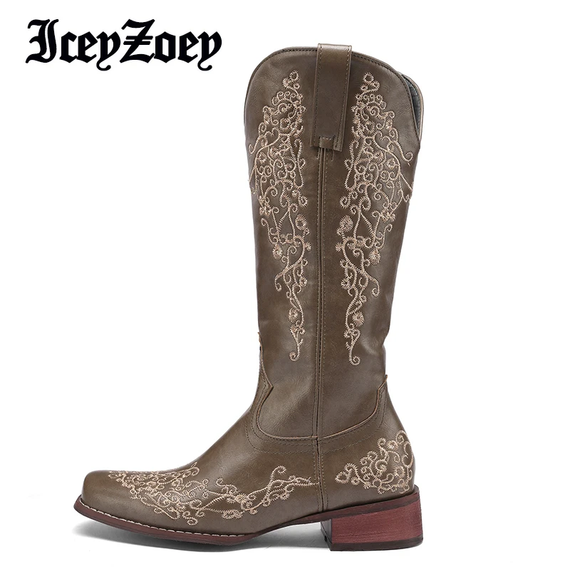 

IceyZoey, Размеры 35-43, длинные ботинки с вышивкой, зимняя обувь 2022, повседневные женские ботинки, модная уличная стильная женская обувь