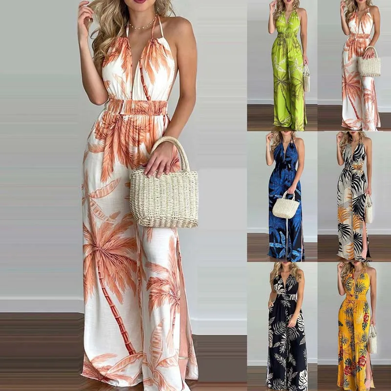 

2022New European And American-Style Women's Clothing AliExpress Digital Printing Wide Leg Jumpsuit for Women