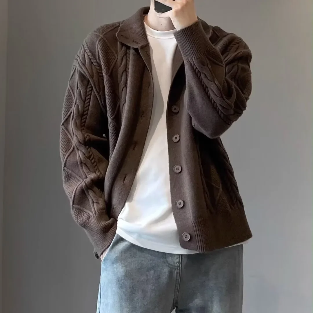 Осень-зима 2024 вязаный кардиган мужской свободный крой универсальный теплый