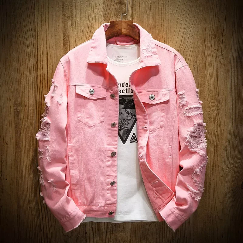 

New2022 Autumn New Men's Jean Jacket Slim Fit Cotton Denim Jacket Red White Black Ripped Hole Jean Coats Men Outwear Plus si