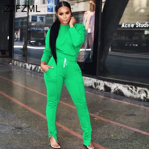 Женский Повседневный комплект из двух предметов, неоновый топ с круглым вырезом и длинным рукавом и брюки-карандаш на молнии с боковыми карманами, одежда для активного отдыха