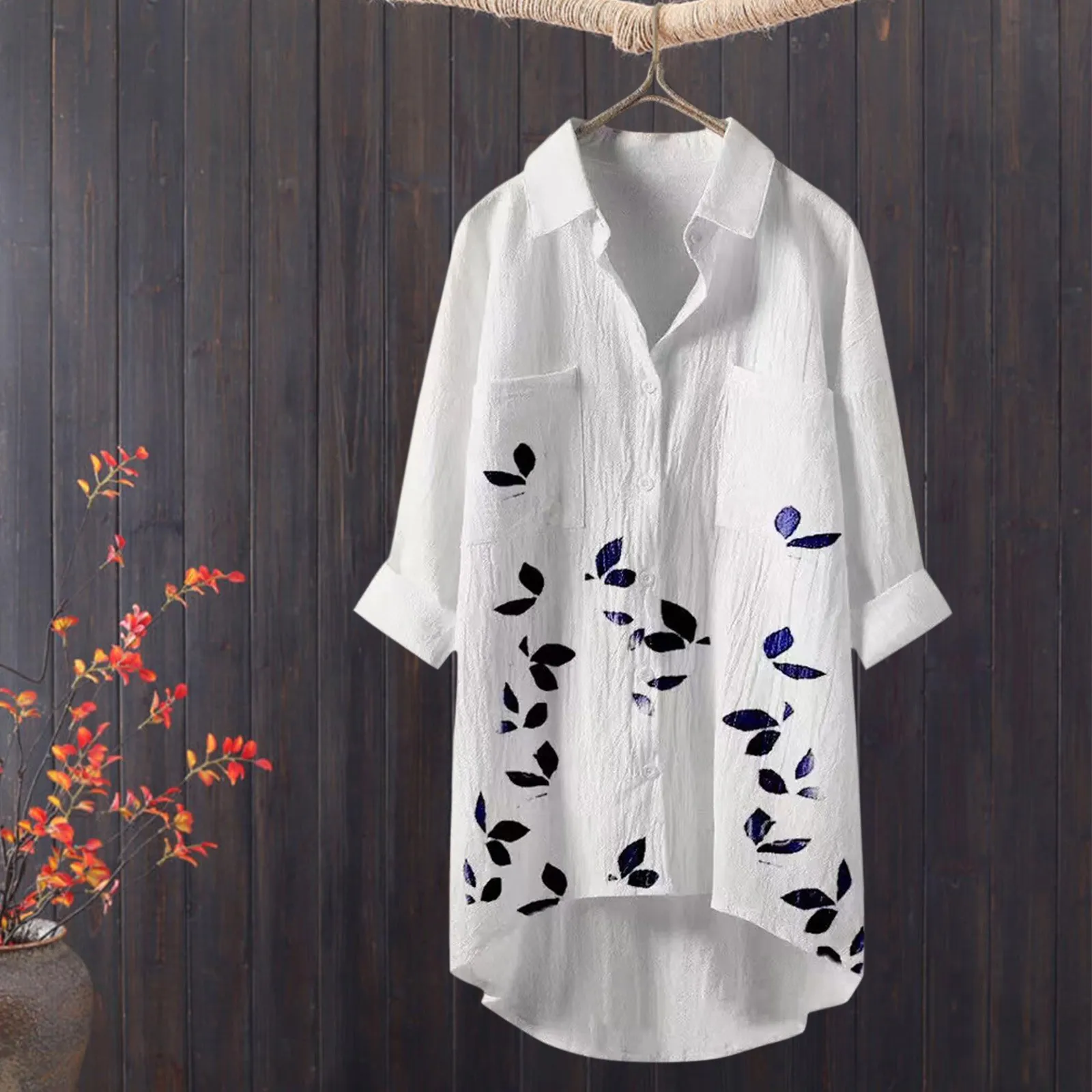 

Floral Print Women Blouses Lapel Three Quarter Sleeves Loose Long Shirts Tops Pockets Korean Fashion Harajuku Vintage Blouse 4