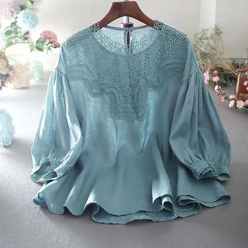 

Large Size Cotton and Linen Shirt Women's 2023 Summer New Korean Fashion Design Lace Stitching Loose Casual Lantern Sleeve Top