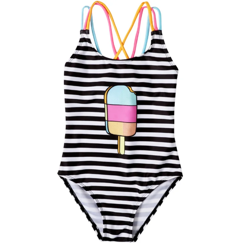 

2022 Children Girls Beachwear Striped Swimsuit Girls Ice Cream Print Sleeveless Backless Summer Swimwear Clothing